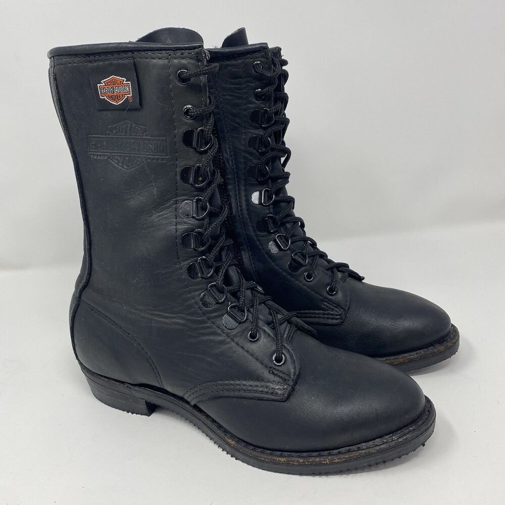 VTG Harley Davidson Womens 7.5 Lace Up Black Leather Combat Moto Biker Boots USA